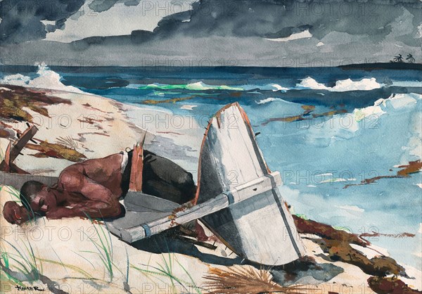 After the Hurricane, Bahamas, 1899, Winslow Homer, American, 1836-1910, United States, Transparent watercolor, with touches of opaque watercolor, rewetting, blotting and scraping, over graphite, on moderately thick, moderately textured (twill texture on verso), ivory wove paper, 380 × 543 mm