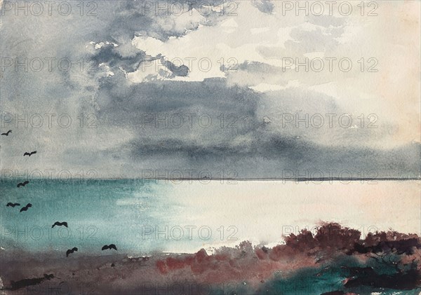 Breaking Storm, Coast of Maine, 1894, Winslow Homer, American, 1836-1910, United States, Transparent watercolor, with touches of opaque watercolor, rewetting, blotting and traces of scraping, on thick, rough-textured, ivory wove paper, 384 x 546 mm
