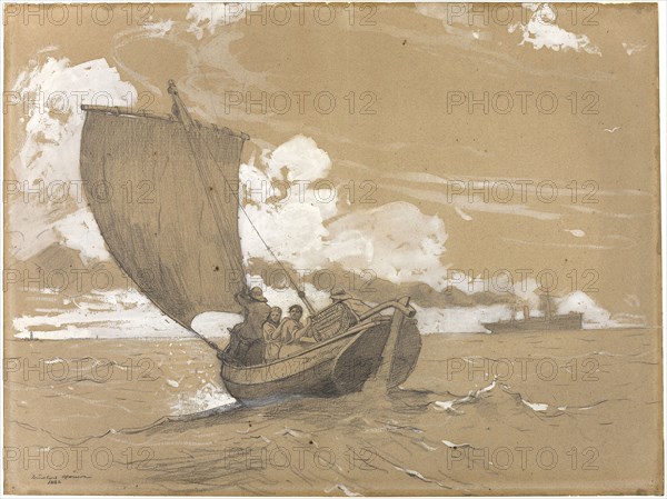 Fishing off Scarborough, 1882, Winslow Homer, American, 1836-1910, United States, Graphite and opaque white watercolor, with traces of black chalk, on medium weight, slightly-textured, tan laid paper with blue and red fibers, 462 x 618 mm
