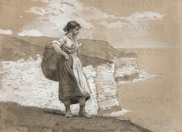 Flamborough Head, England, 1882, Winslow Homer, American, 1836-1910, United States, Graphite and opaque white watercolor on medium thick, slightly textured, tan laid paper with red and blue fibers, 452 x 609 mm
