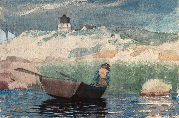 Boy in Boat, Gloucester, 1880/81, Winslow Homer, American, 1836-1910, United States, Transparent watercolor, with touches of opaque watercolor and scraping, over graphite, on moderately thick, rough-textured, ivory wove paper, 232 x 349 mm