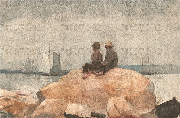 Two Boys Watching Schooners, 1880, Winslow Homer, American, 1836-1910, United States, Watercolor, with graphite, on moderately thick, rough-textured, ivory wove paper, 227 x 340 mm
