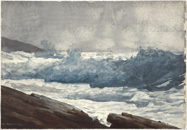 Prout’s Neck, Breakers, 1883, Winslow Homer, American, 1836-1910, United States, Watercolor, with blotting and sanding, over charcoal, on moderately thick, moderately textured, ivory wove paper, 381 x 546 mm
