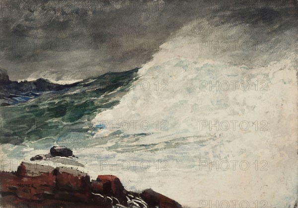 Prout’s Neck, Breaking Wave, 1887, Winslow Homer, American, 1836-1910, United States, Transparent watercolor, with touches of opaque watercolor, rewetting, blotting and scraping, over resist and traces of graphite, on medium weight, moderately textured, ivory wove paper, laid down on cream wove paper, 380 x 544 mm