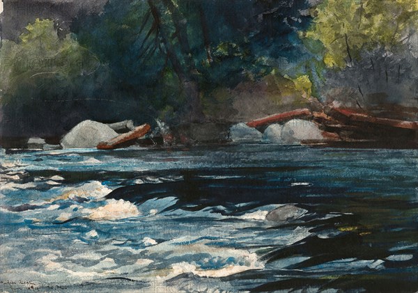The Rapids, Hudson River, Adirondacks, 1894, Winslow Homer, American, 1836-1910, United States, Transparent watercolor, with traces of opaque watercolor, blotting, and scraping, over graphite, on thick, rough-textured, ivory wove paper, 384 x 546 mm