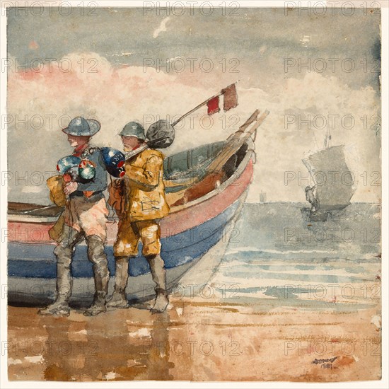 The Return, Tynemouth (recto) Study (verso), 1881, Winslow Homer, American, 1836-1910, United States, Transparent watercolor, with touches of opaque watercolor, rewetting, blotting, and scraping, heightened with gum glaze, over graphite, on moderately thick, moderately-textured, ivory wove paper (left and lower edges trimmed), 342 x 343 mm