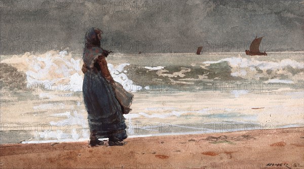 The Watcher, Tynemouth, 1882, Winslow Homer, American, 1836-1910, United States, Transparent and opaque watercolor, with rewetting, blotting, and scraping, heightened with gum glaze, over graphite, on moderately thick, slightly textured, cream wove paper (all edges trimmed), 213 x 377 mm