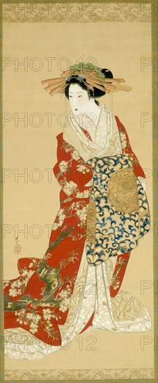 High Ranking Courtesan, c. 1830/43, Mihata Joryu, Japanese, active 1830–1844, Japan, Ink, color, and gold on silk, 106.6 x 45.6 cm (42 x 18 in.), overall: 176.5 x 54.6 cm (69 1/2 x 21 1/2 in.)