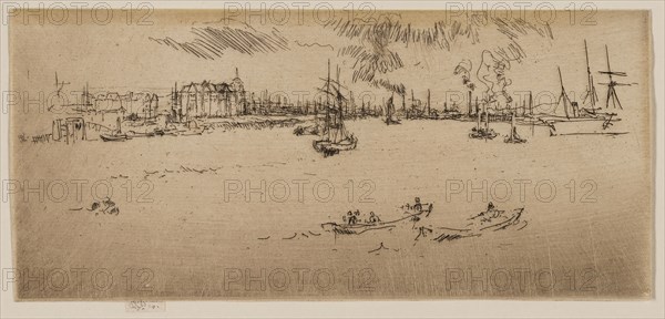 Tilbury, 1887, James McNeill Whistler, American, 1834-1903, United States, Etching and drypoint with foul biting in black ink on cream wove paper, 82 x 178 mm (image, trimmed within plate mark), 85 x 178 mm (sheet)