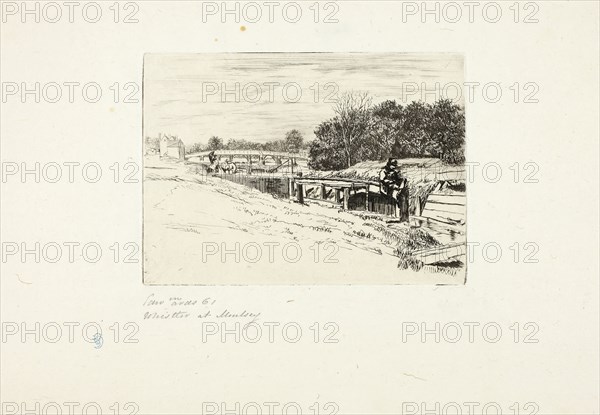 Whistler Sketching at Moulsey Lock, 1861, Edwin Edwards, English, 1823-1879, England, Etching with drypoint in black on cream Japanese paper, laid down on ivory laid paper (chine collé), 118 × 165 mm (image/plate), 240 × 330 mm (sheet)