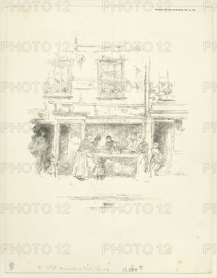 Maunder’s Fish Shop, Chelsea, 1890, James McNeill Whistler, American, 1834-1903, United States, Transfer lithograph in black with scraping, on cream wove paper, 219 x 170 mm (image, with legend), 286 x 222 mm (sheet)