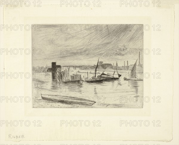 Battersea Dawn (Cadogan Pier), 1863, James McNeill Whistler, American, 1834-1903, United States, Etching and drypoint with foul biting and plate tone in black on cream laid paper, 113 x 151 mm (image/plate), 185 x 229 mm (sheet)