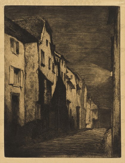 Street at Saverne, 1858, James McNeill Whistler, American, 1834-1903, United States, Etching with foul biting in black ink on tan Japanese paper, 207 x 159 mm (plate), 248 x 198 mm (sheet)