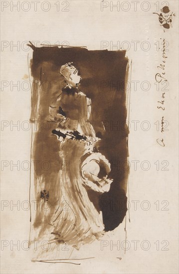 Sketch after the Portrait of Rosa Corder, c. 1879, James McNeill Whistler, American, 1834-1903, United States, Brush and brown wash, with pen and brown ink, on off-white laid paper, 180 x 113 mm
