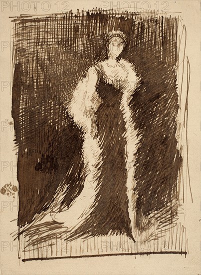 Study for Arrangement in Black: Lady Meux, 1881, James McNeill Whistler, American, 1834-1903, United States, Pen and brown ink on cream wove paper laid down on ivory board, 132 x 95 mm