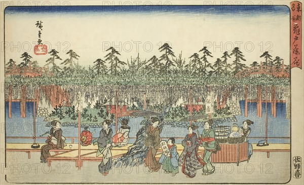 Wisteria at Kameido (Kameido Tenjin fuji hana), from the series Famous Places in the Eastern Capital (Toto meisho), c. 1839/42, Utagawa Hiroshige ?? ??, Japanese, 1797-1858, Japan, Color woodblock print, oban, 22.4 x 37.2 cm (8 13/16 x 14 5/8 in.)