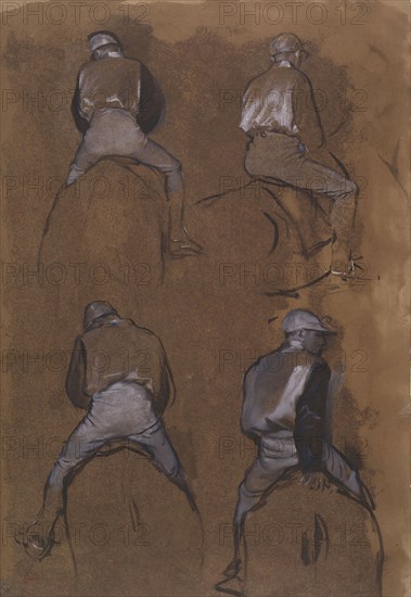 Four Studies of a Jockey, 1866, Edgar Degas, French, 1834-1917, France, Brush with black ink, oil paint, and white gouache, on tan wove paper discolored with brown essence, laid down on cream laid board, 453 × 316 mm