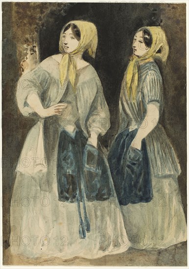 Two Women in Yellow Kerchiefs, n.d., Constantin Guys, French, 1802-1892, France, Brush and watercolor, over traces of graphite, on ivory wove paper, 310 × 218 mm