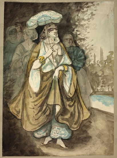 One of the Ladies of the Harem (recto), Fragment of a Landscape (verso), 1854/56, Constantin Guys, French, 1802-1892, France, Watercolor and pen and brown ink, over graphite (recto), and graphite (verso), on cream wove paper, 365 × 264 mm