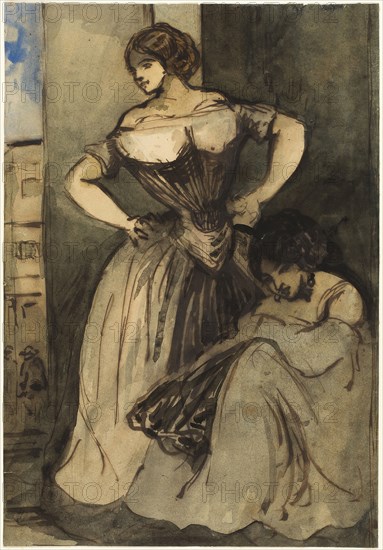 Two Women, c. 1840, Constantin Guys, French, 1802-1892, France, Pen and brown ink with brush and watercolor over traces of graphite, on ivory wove paper, 323 × 223 mm