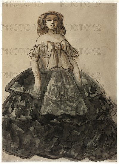 Standing Woman, c. 1870–1875, Constantin Guys, French, 1802-1892, France, Pen and brown ink, and brush and black, gray and brown wash, on cream wove paper (discolored to tan), 352 × 255 mm