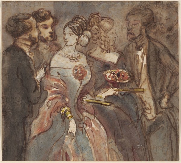 Reception, 1850/1855, Constantin Guys, French, 1802-1892, France, Pen and brown ink with brush and watercolor, over graphite, on ivory laid paper, 178 × 197 mm