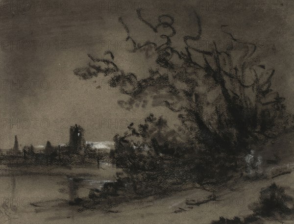 Moonlight Scene, 19th century, Unknown artist, French or English, 19th century, France, Charcoal on paper, 103 × 136 mm