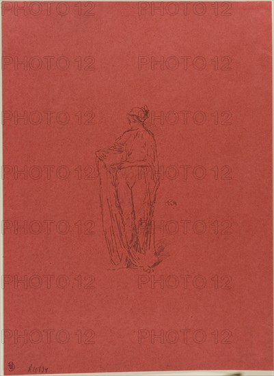 Girl with Bowl, 1895, James McNeill Whistler, American, 1834-1903, United States, Transfer lithograph in gray on red wove Japanese vellum, 136 x 67 mm (image), 304 x 222 mm (sheet)