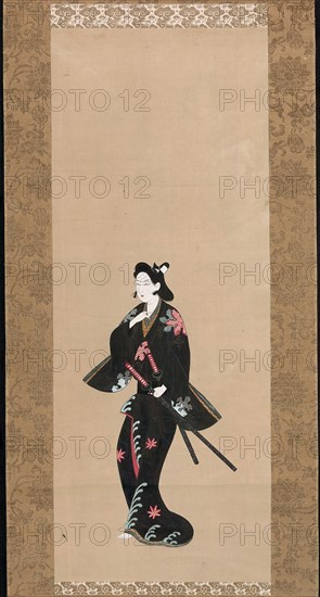 Samurai, 1750/75, Japanese, 17th century, Japan, Hanging scroll, ink and colors on paper, 77.2 x 30.2 cm (30 3/8 x 11 7/8 in.), including mount and knobs: 164.4 x 48 cm (64 3/4 x 18 15/16 in.)