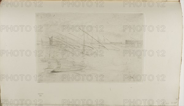 Greenhithe, 1877, James McNeill Whistler, American, 1834-1903, United States, Drypoint with foul biting, with drypoint and scraped cancellation, in black ink on ivory laid paper, 150 x 225 mm (plate), 239 x 382 mm (sheet, sight, bound)