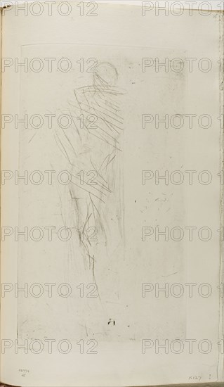 Nude Posing, 1874/75, James McNeill Whistler, American, 1834-1903, United States, Drypoint with foul biting, with scraped and drypoint cancellation, in black ink on ivory laid paper, 302 x 177 mm (plate), 380 x 240 mm (sheet, sight, bound)