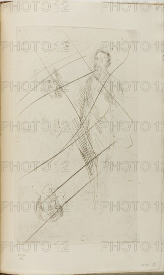 Portrait Sketches including F.R. Leyland and Whistler, 1874/75, James McNeill Whistler, American, 1834-1903, United States, Drypoint with foul biting, with drypoint cancellation, in black ink on ivory laid paper, 312 x 176 mm (plate), 379 x 237 mm (sheet, sight, bound)