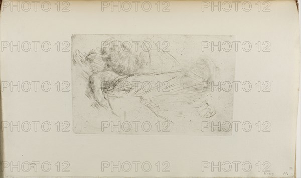 Girl Lying Down, 1875/76, James McNeill Whistler, American, 1834-1903, United States, Drypoint with foul biting, with scraped and drypoint cancellation, in black ink on ivory laid paper, 130 x 207 mm (plate), 238 x 380 mm (sheet, sight, bound)