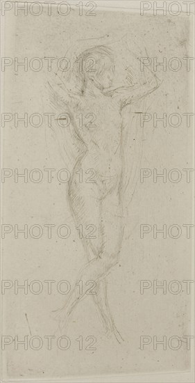 Nude Girl with Arms Raised, 1873/78, James McNeill Whistler, American, 1834-1903, United States, Drypoint with foul biting in black ink on ivory laid paper, 192 x 101 mm (plate), 381 x 240 mm (sheet, sight, bound)