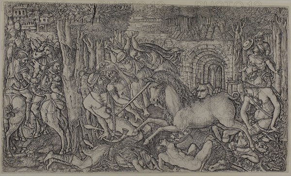 A King Pursued by a Unicorn, 1550/60, Jean Duvet, French, 1485-after 1561, France, Engraving on paper, 300 × 395 mm