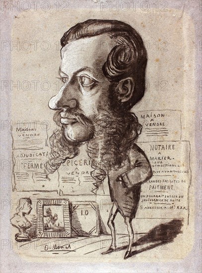 Caricature of Léon Manchon, c. 1858, Claude Monet, French, 1840-1926, France, Charcoal, with stumping and heightened with white chalk, on blue laid paper (partially discolored to yellowish gray), 612 × 452 mm