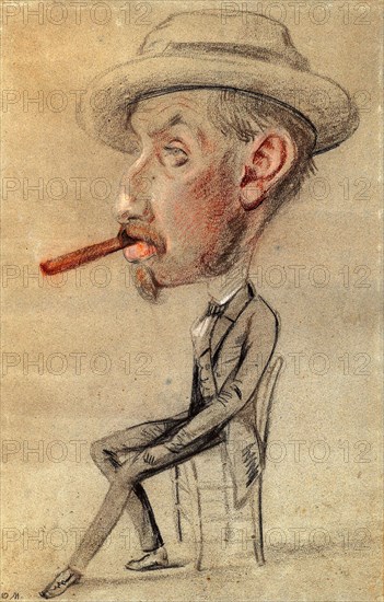 Caricature of a Man with a Big Cigar, 1855/56, Claude Monet, French, 1840-1926, France, Black and red chalk, with touches of colored chalks, on blue wove paper (discolored to blue-gray), laid down on cream wove paper, laid down on blue wove paper, 598 × 385 mm (primary/secondary/tertiary supports)