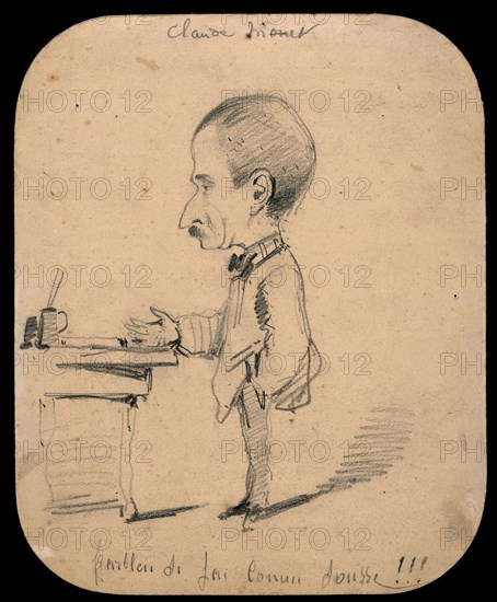 Caricature of a Man Standing by Desk (recto), Sketch of Male Head in Profile (verso), 1855/56, Claude Monet, French, 1840-1926, France, Graphite (recto and verso) on commercially prepared ivory wove card (discolored to tan), 203 × 166 mm