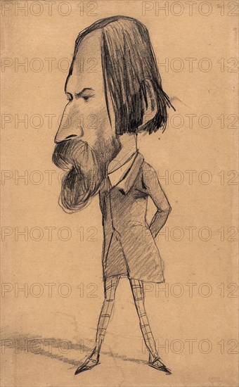 Caricature of Auguste Vacquerie, c. 1859, Claude Monet (French, 1840–1926), after Nadar (French, 1820–1910), France, Graphite with erasure on tan wove paper, 284 × 176 mm