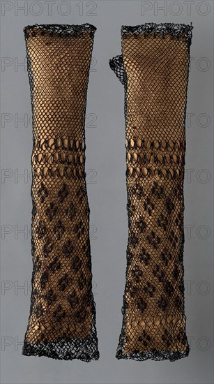 Pair of Mittens, 1825/75, Europe or United States, Europe, Silk, bands of bunch, Valenciennes, spider netting, square netting, and square netting with looped tufts (lacis), a: 38.2 × 9.2 cm (15 × 3 5/8 in.)