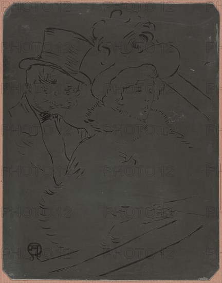 At the Concert, 1896, Henri de Toulouse-Lautrec, French, 1864-1901, France, Zinc lithographic plate with corners removed and beveled edges, laid down on mauve board and taped to mat, 321 × 252 mm