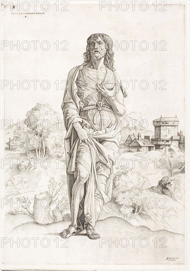 Saint John the Baptist, c. 1505, Giulio Campagnola, Italian, c. 1482-1515/18, Italy, Engraving in black on ivory laid paper, 342 x 238 mm (plate), 356 x 247 mm (sheet)