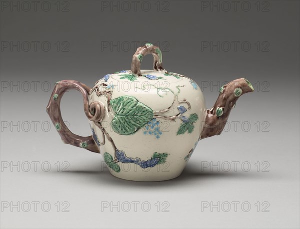 Teapot, 1750/55, England, Staffordshire, Staffordshire, Salt-glazed stoneware with polychrome lead glazes, 10.8 × 9.8 × 15.6 cm (4 1/4 × 3 7/8 × 6 1/8 in.)