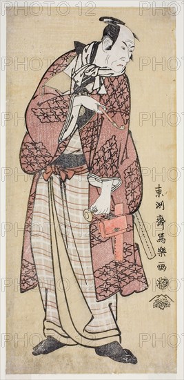 The Actor Matsumoto Koshiro IV as the Wealthy Bumpkin from Yamato, Actually Magoemon of Ninokuchi Village (Yondai-me Matsumoto Koshiro no Yamato no Yabo Daijin, jitsuwa Ninokuchi-mura Magoemon), 1794, (Kansei 6), Toshusai Sharaku ??? ??, Japanese, active 1794-95, Japan, Color woodblock print, hosoban, nishiki-e, 31.2 x 14.6 cm