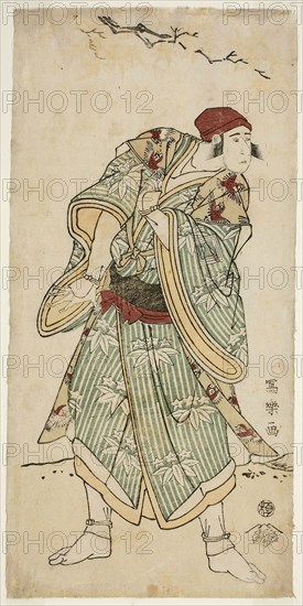 The Actor Ichikawa Yaozo III as the Sparrow Seller Bunji Yasukata (Sandai-me Ichikawa Yaozo no suzume uri Bunji Yasukata), 1794, (Kansei 6), Toshusai Sharaku ??? ??, Japanese, active 1794-95, Japan, Color woodblock print, hosoban, nishiki-e, 32.5 x 16.0 cm