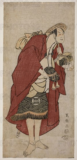 The Actor Sakata Hangoro III as the Groom Abumizuri no Iwazo in Koriyama, Actually Kurisaka Taro Tomonori (SAndai-me Sakata Hangoro no Koriyama no Umakata Abumizuri no Iwazo, jitsuwa Kurisaka Taro Tomonori), 1794, (Kansei 6), Toshusai Sharaku ??? ??, Japanese, active 1794-95, Japan, Color woodblock print, hosoban, nishiki-e, 32.9 x 15.3 cm