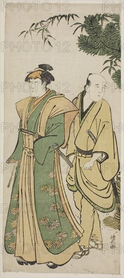 The Actor Segawa Kikunojo III and his attendant making cermonial rounds at New Year’s, c. 1783, Torii Kiyonaga, Japanese, 1752-1815, Japan, Color woodblock print, hosoban, 33.2 x 14.5 cm