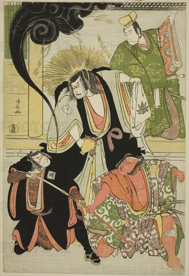 The Actors Nakayama Kojuro VI (Nakamura Nakazo I) as Hatchotsubute no Kiheiji, Otani Hiroji III as Miura Arajiro, Ichikawa Yaozo III as Akugenta Yoshihira, Sawamura Sojuro III as Taira no Shigemori, in the shosa Fukyoku Edo Geisha, performed at the Nakamura Theater in the eleventh month, 1785, 1785, Torii Kiyonaga, Japanese, 1752-1815, Japan, Color woodblock print, oban, 38.7 x 26.0 cm (15 1/4 x 10 1/4 in.)