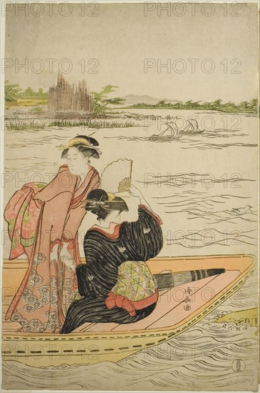 A Ferry on the Sumida River, c. 1787, Torii Kiyonaga, Japanese, 1752-1815, Japan, Color woodblock print, center sheet of oban triptych, 38.6 x 25.5 cm