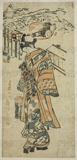 Visiting (Kayoi), a parody of Shosho visiting Komachi, c. 1740s, Attributed to Mangetsudo, Japanese, active 1740s, Japan, Color woodblock print, right sheet of hosoban triptych, benizuri-e, 12 x 5 3/4 in.